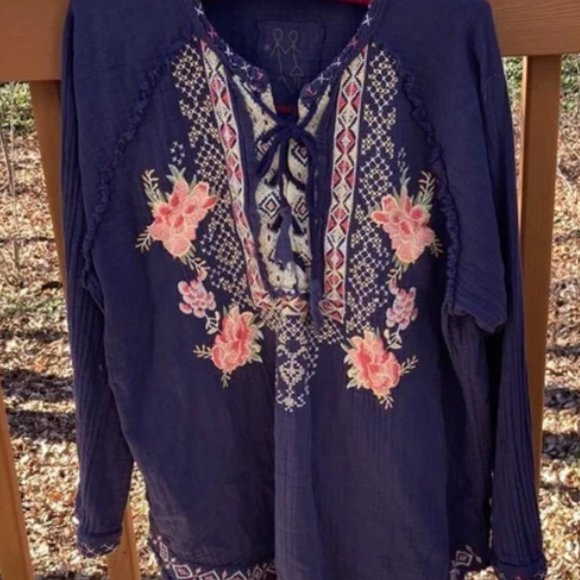Johnny Was Floral & Geometric Embroidered Navy Blue Cotton Top with Tie at Neck